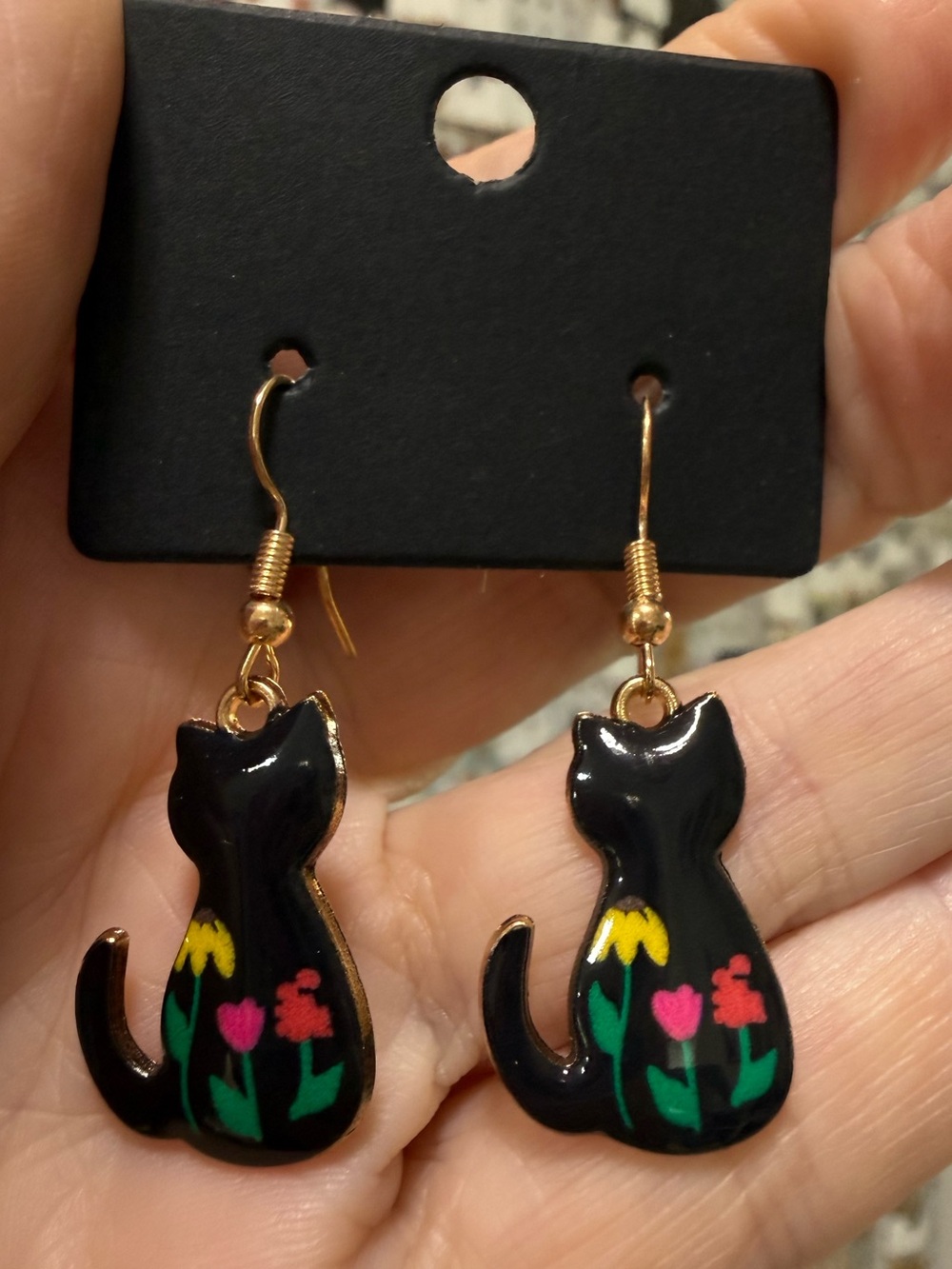 Black Cat Floral Dangle Earrings